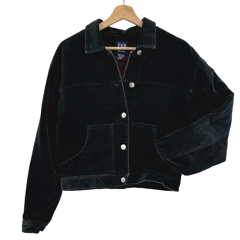 Gap Velvet Trucker Jacket Women M Black Vintage 90s Quilted Liner Cropped Grunge